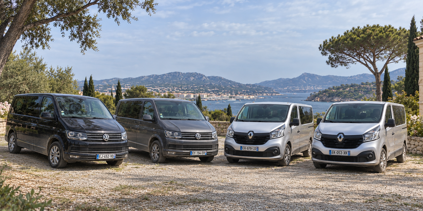 Les quatre vans Olicars : deux Volkswagen Caravelle et deux Renault Trafic